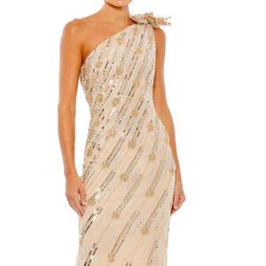 MAC DUGGAL ROSETTE SEQUIN CRYSTAL ONE SHOULDER NUDE GOLD GOWN sz 12